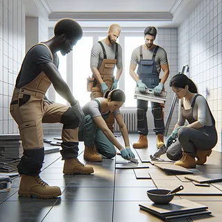 Realistic stock image of workers installing tiles